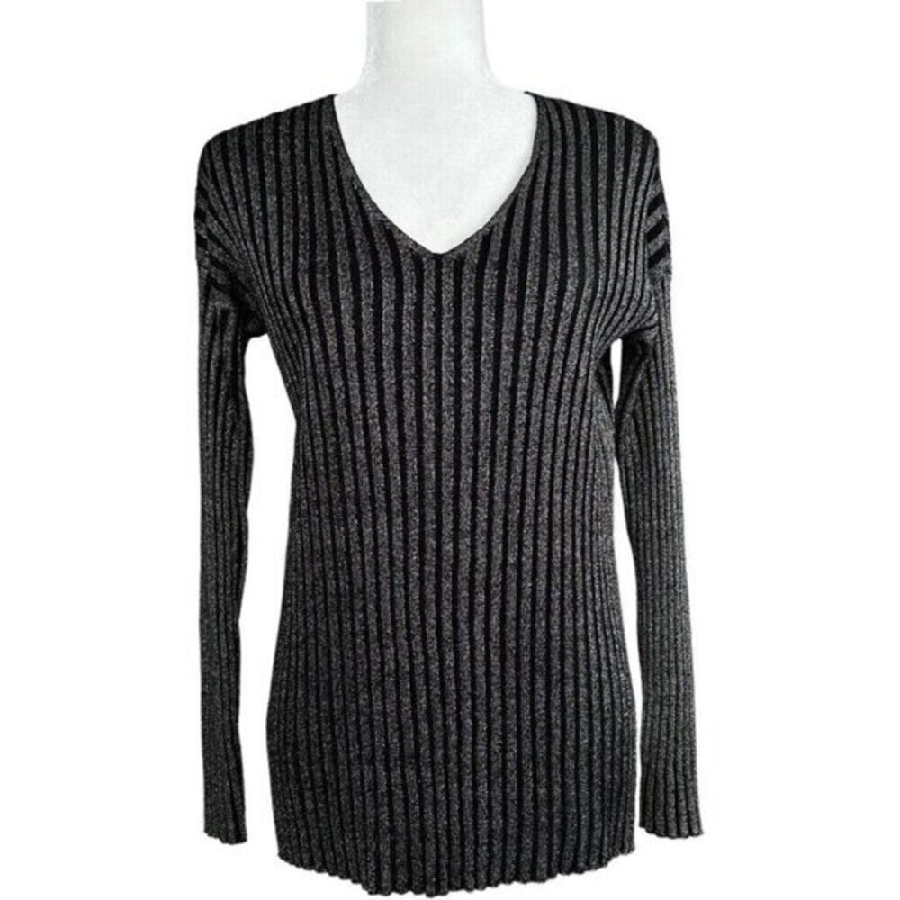 Vince Camuto Womens Black Silver Metallic Ribbed V-Neck Sweater XS‎ Striped